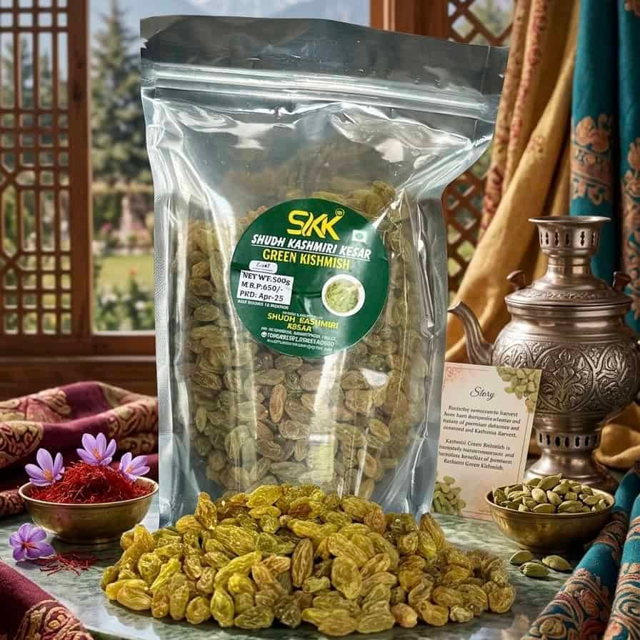 Premium Kashmiri Green Kishmish – Naturally Sweet Seedless Golden-Green Raisins